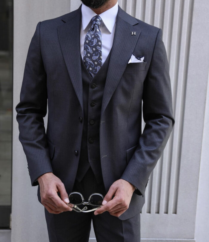 Sydney Court Tailored slim fit dark grey pinstripe three piece men's suit with peak lapels
