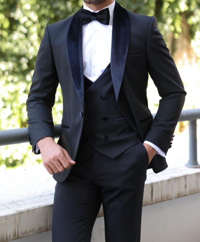 Seymour Court Tailored fit men's all black three piece tuxedo with shawl lapels