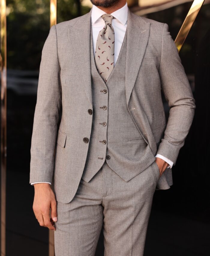 Dilemma Road Tailored slim fit mocha brown three piece men's suit with double sided waistcoat and peak lapels
