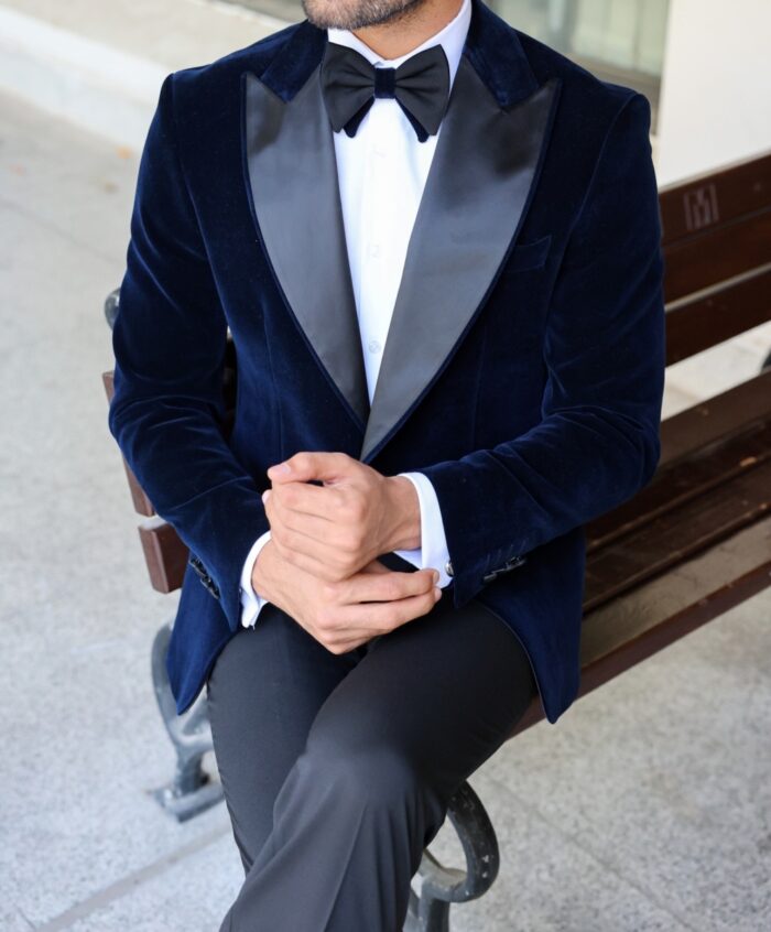Prince Archie SLIM FIT DARK BLUE VELVET TWO PİECE MEN’S TUXEDO SUIT WITH PEAK SATIN LAPELS