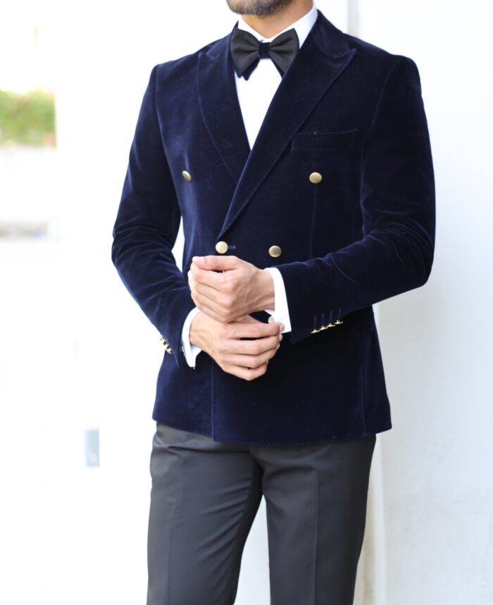 Arthur Tailored fit men's midnigh blue velvet three piece tuxedo with pek lapels  WITH DECORATIVE GOLD BUTTONS.