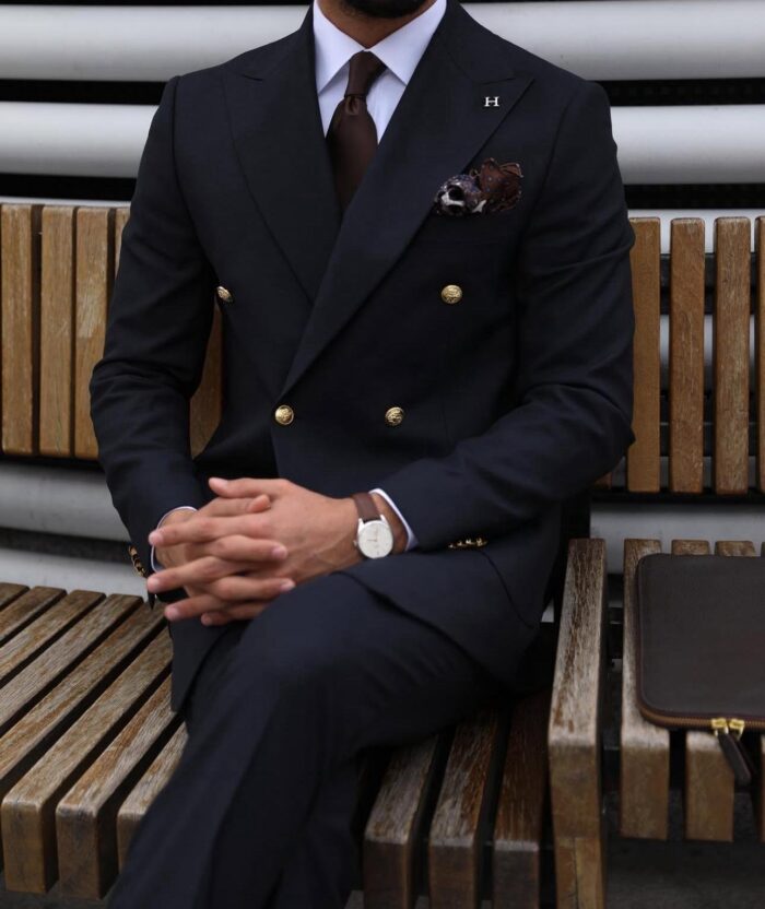 Boat Road TAILORED SLIM FIT ROYAL NAVY BLUE DOUBLE BREASTED MEN’S SUIT WITH DECORATIVE GOLD BUTTONS AND PEAK LAPELS
