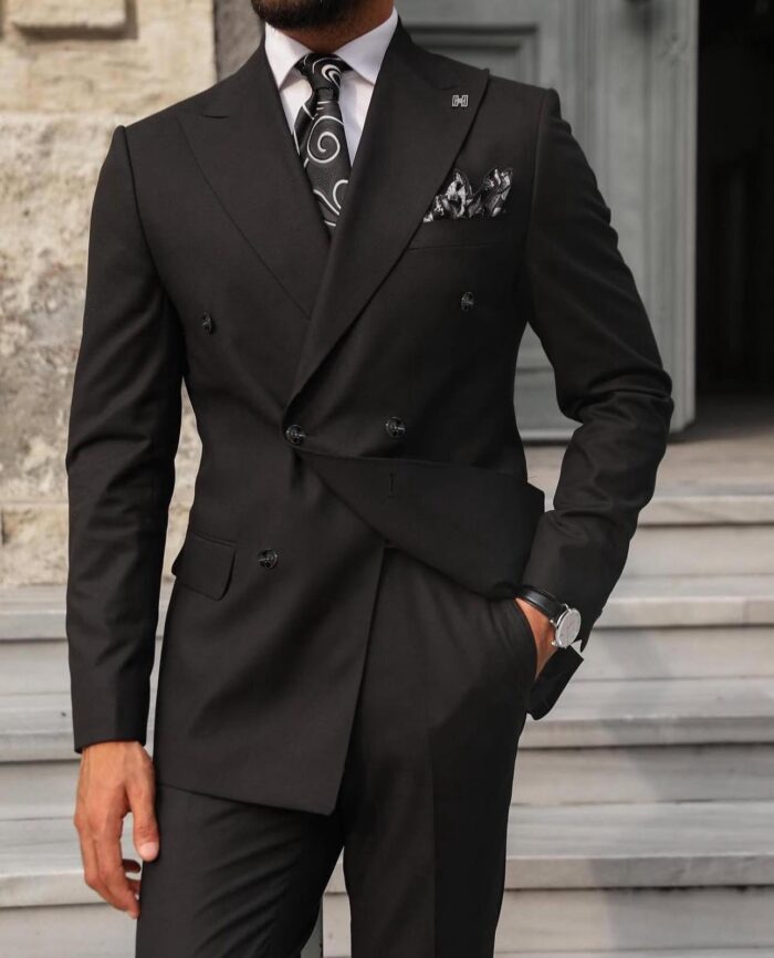 Centre Park TAILORED SLIM FIT black DOUBLE BREASTED MEN’S SUIT WITH PEAK LAPELS decorative gold buttons