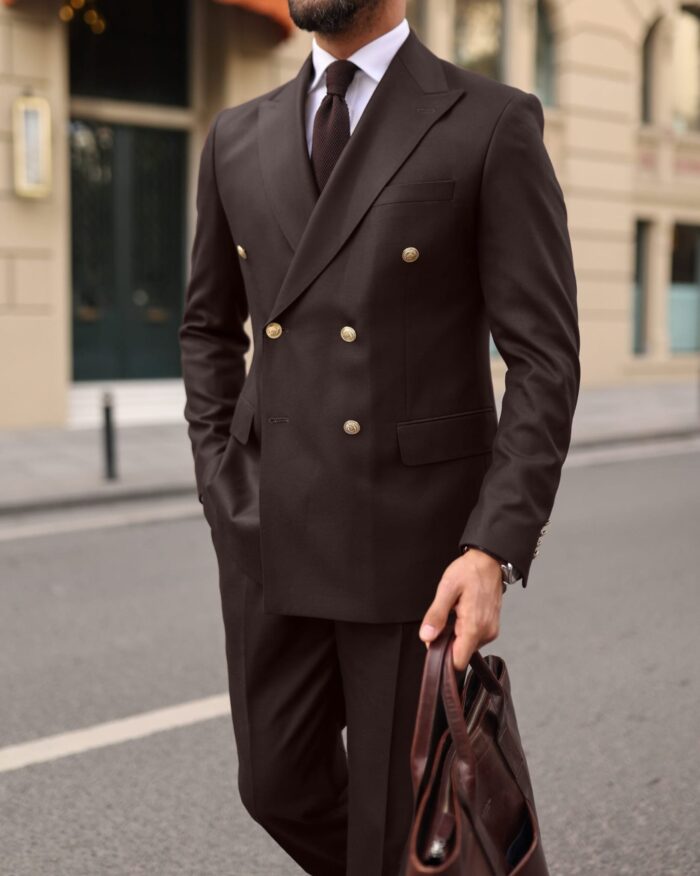 Mongers End CUSTOM SLIM FIT BROWN DOUBLE-BREASTED MEN’S SUIT WITH POINTED COLLAR with decorative gold buttons
