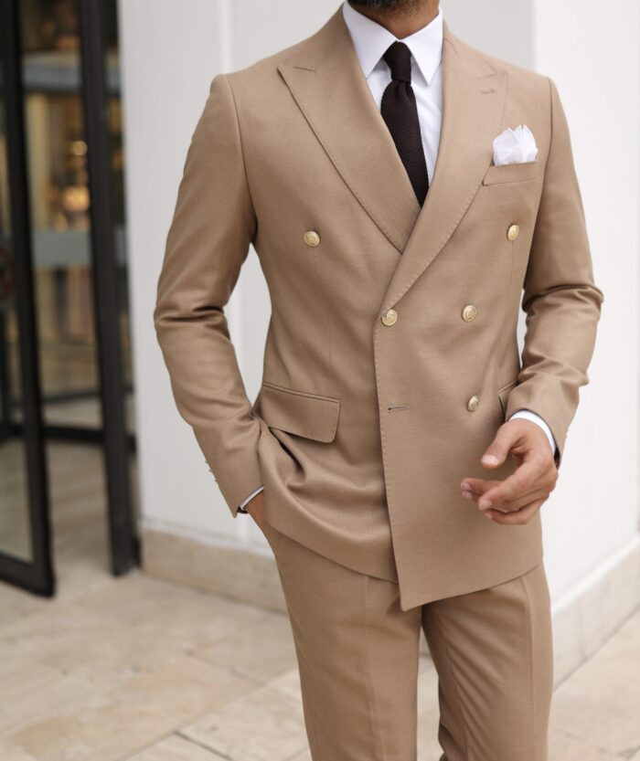 Staples End slim fit wheat cream double breasted men’s suit with peak lapels With decorative gold buttons