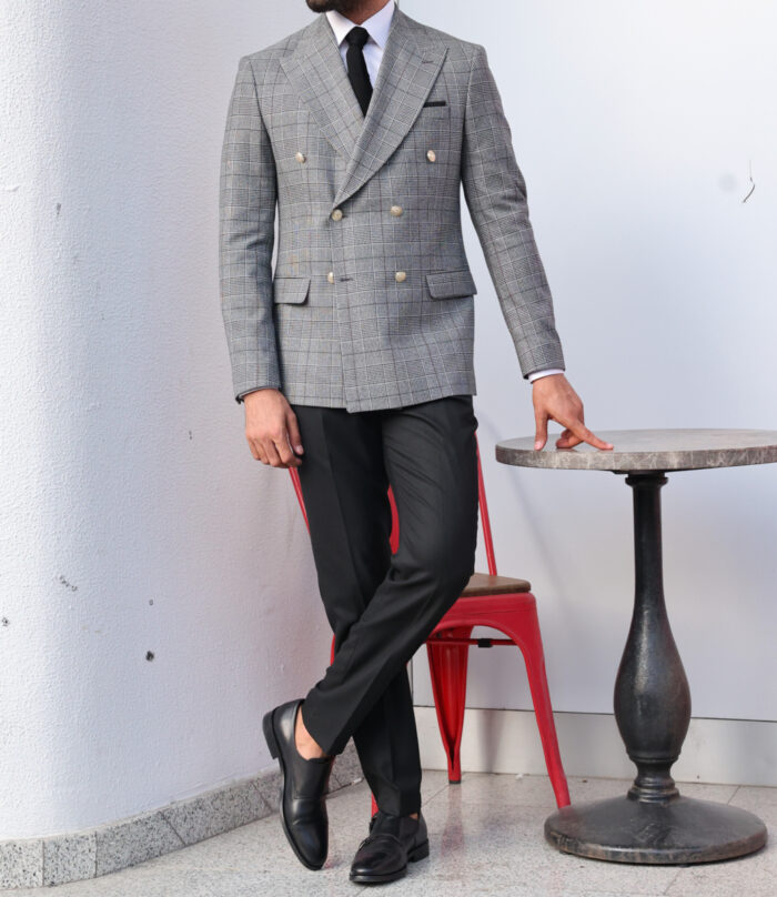 Golders Place Slim fit light grey and black mixed double breasted men's suit with peak lapels  with decorative gold buttons