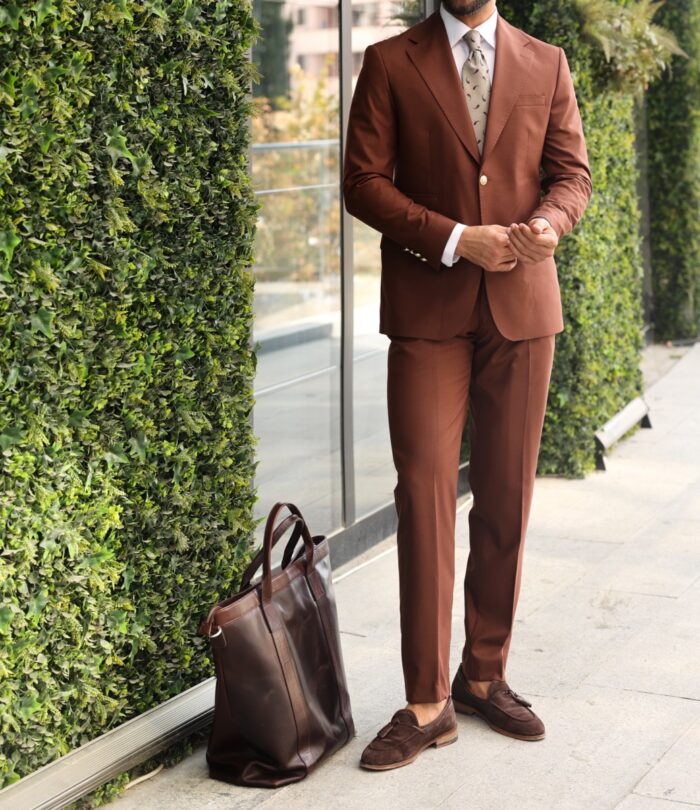 Railway End Tailored slim fit brick brown men's two piece suit with mono lapels With decorative gold buttons