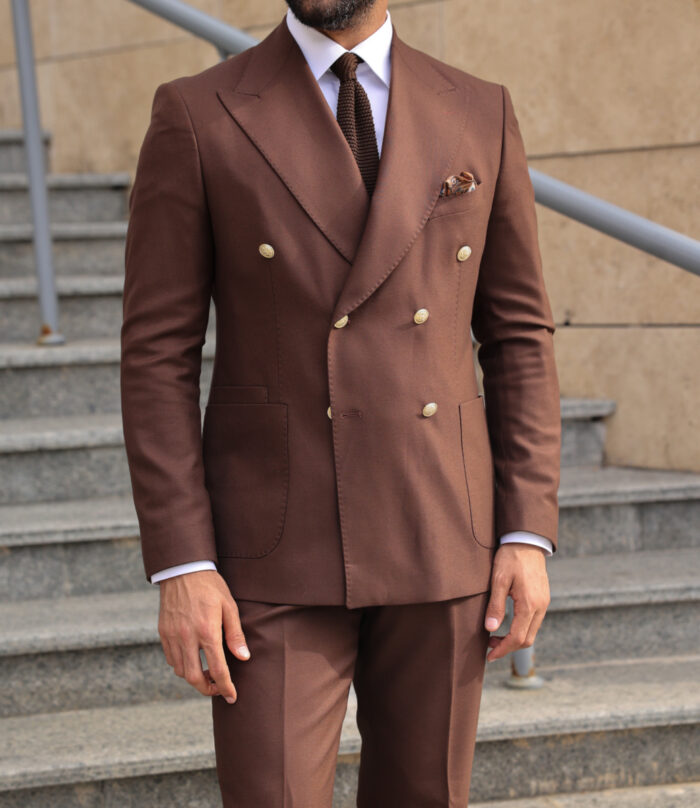 Spear End Slim fit chocolate brown double breasted two piece men's suit with peak lapels With decorative gold buttons