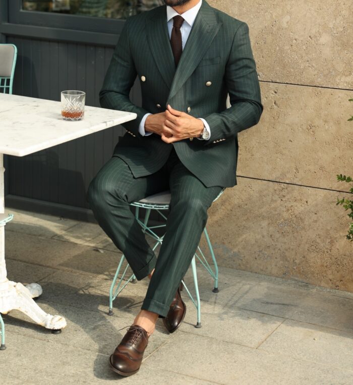 Anglers Court Tailored slim fit pine green pinstripe double breasted men's suit with peak lapels with decorative gold buttons