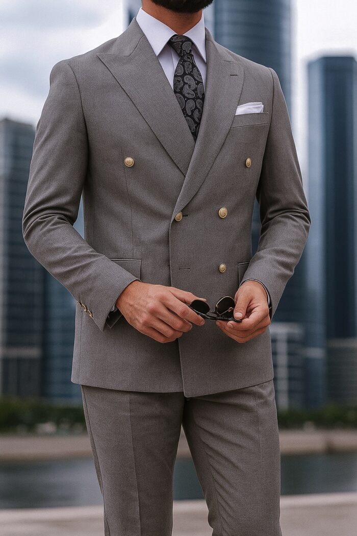Chipping TAILORED SLIM FIT  GREY DOUBLE BREASTED MEN’S SUIT WITH PEAK LAPELS with decorative gold buttons