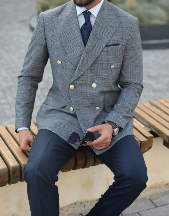 Golfers Lane Slim fit light grey and dark blue double breasted mixed men's suit with peak lapels with decorative gold buttons