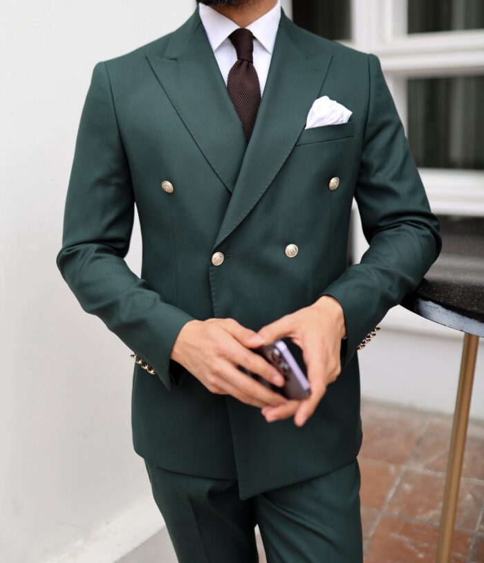 Hither Green TAILORED SLIM FIT PINE GREEN DOUBLE BREASTED MEN’S SUIT WITH DECORATIVE GOLD BUTTONS AND PEAK LAPELS