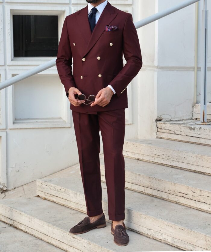 Stamford Rivers Tailored slim fit burgundy double breasted men's suit with peak lapels with decorative gold buttons