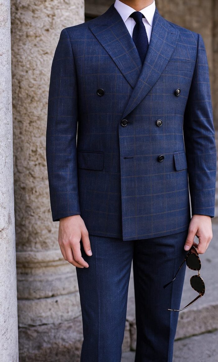 FERRY PLACE Slim fit  blue checked with brown fine lines double breasted men's suit with peak lapels