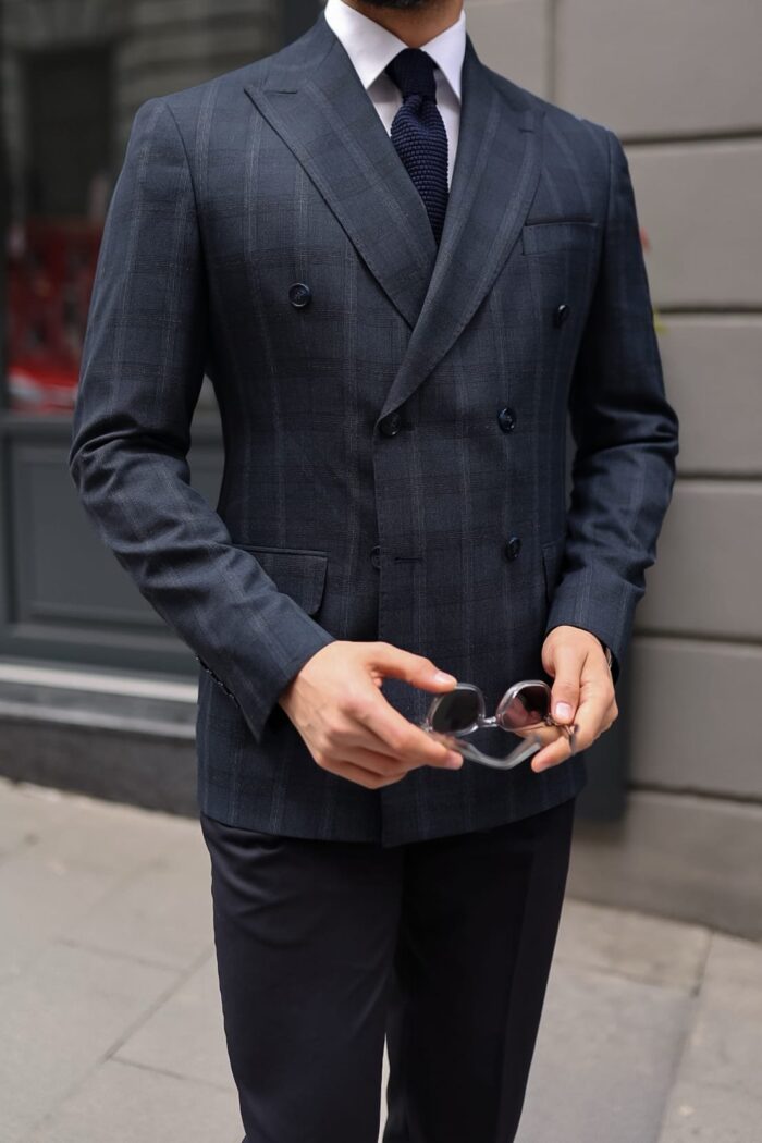 Bourlet Close Slim fit dark navy with fine brown lines and navy trousers  mixed double breasted men's suit with peak lapels