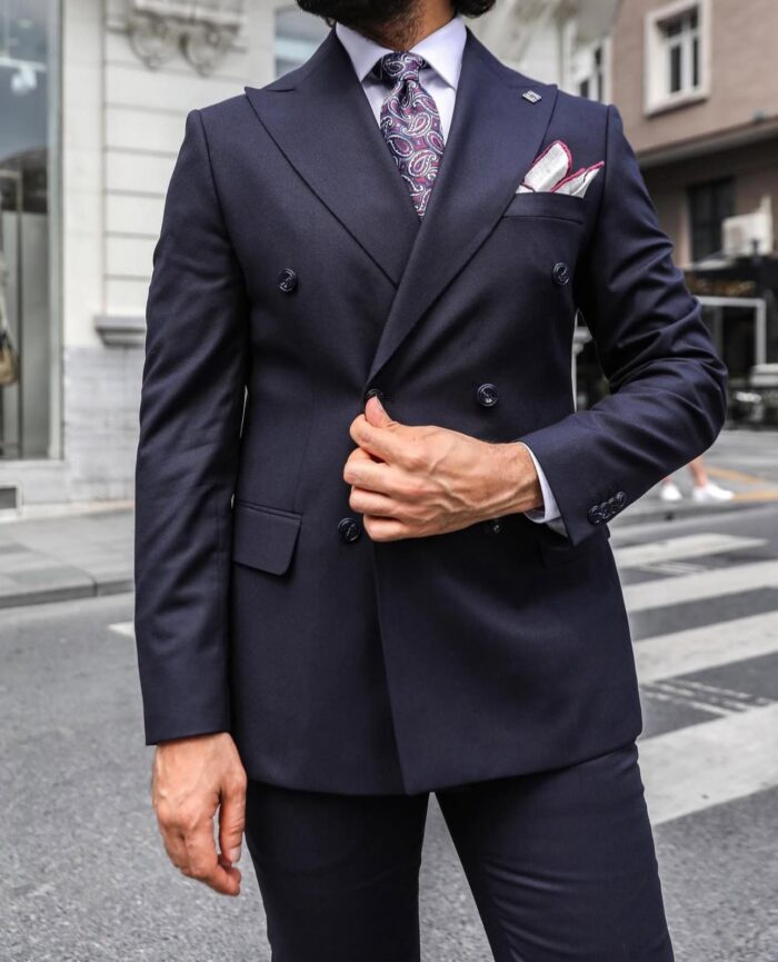 Shelgate Road Tailored slim fit dark blue double breasted men's suit with peak lapels