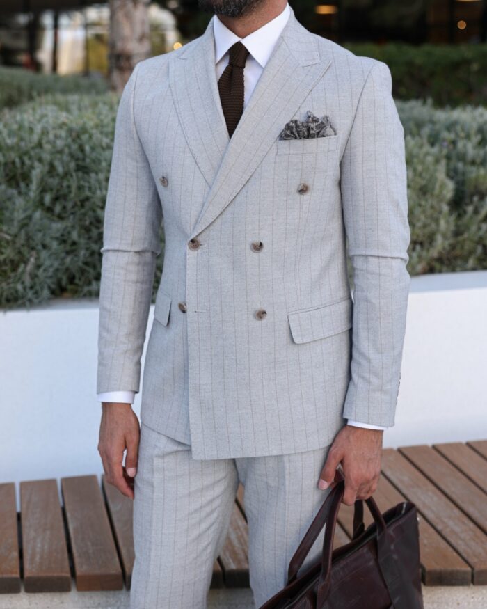 Tassels Close Tailored slim fit light grey with mocha pinstripe double breasted two piece suit with peak lapels
