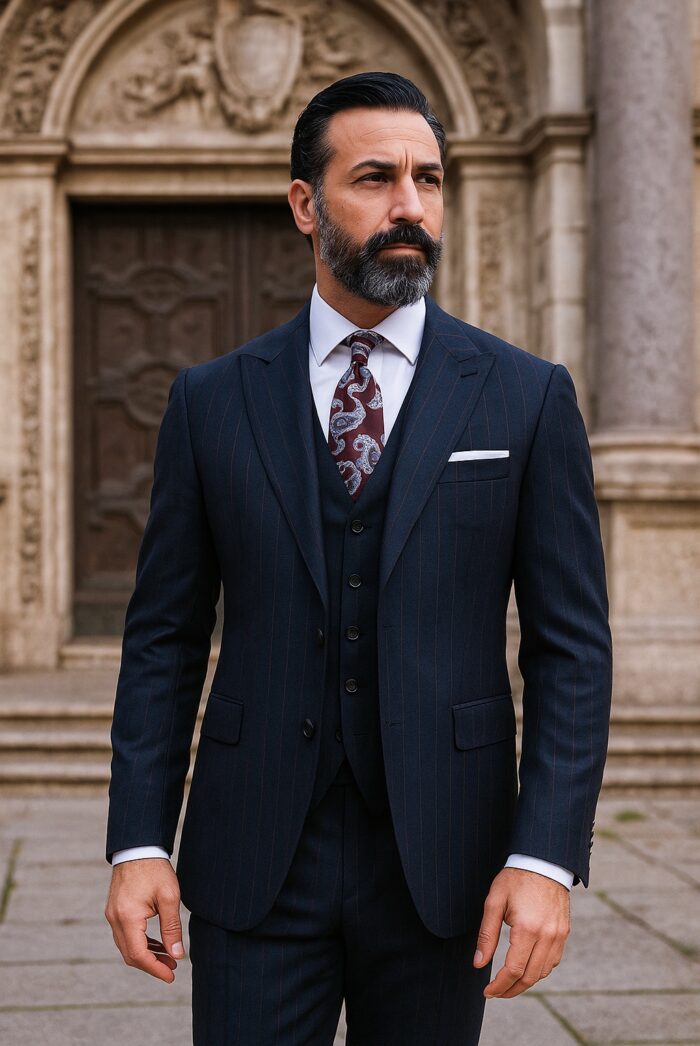 Richmond TAILORED SLIM FIT DARK NAVY BLUE  WITH FINE  BURGUNDY LINES PINSTRIPE THREE PIECES  MEN’S SUIT