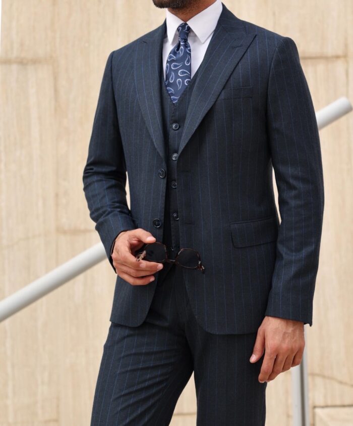 Regency Street TAILORED SLIM FIT DARK NAVY BLUE  WITH FINE  BLUE LINES PINSTRIPE THREE PIECES  MEN’S SUIT