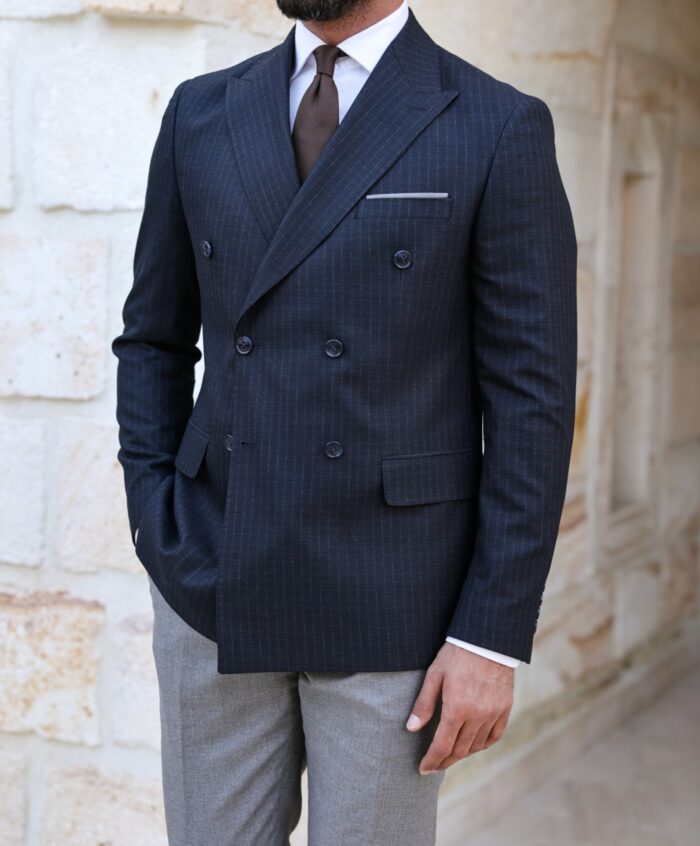 Greenman Street Slim fit double breasted dark blue pinstriped with grey trousers  men's suit with peak lapels