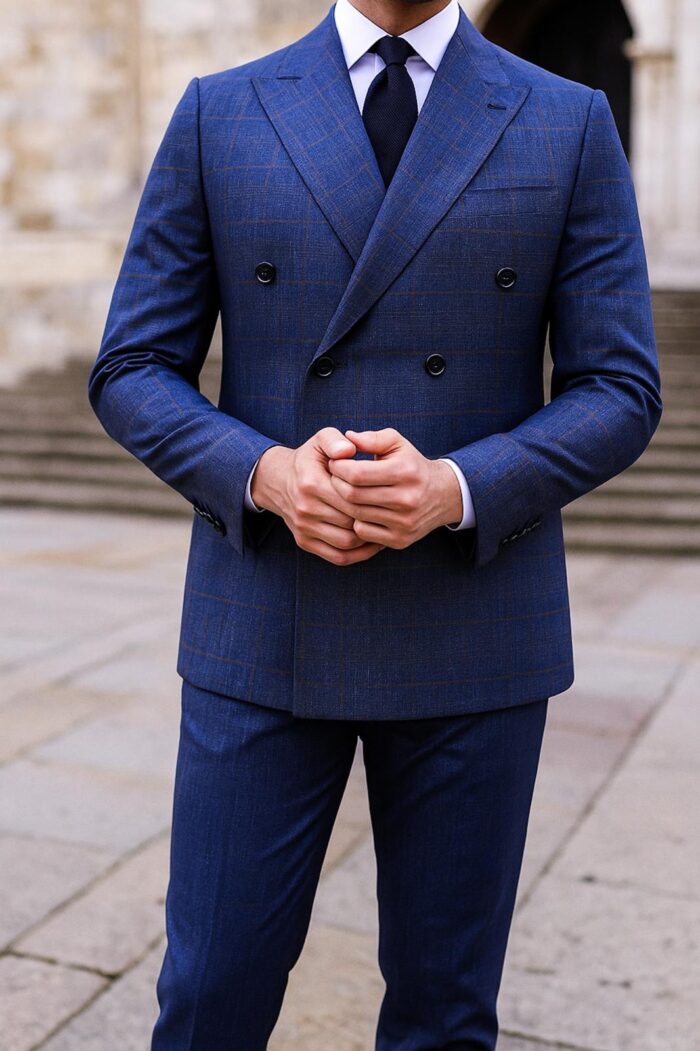 FERRY PLACE Slim fit  blue checked with brown fine lines double breasted men's suit with peak lapels