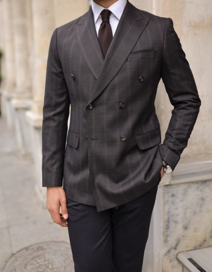 Bowater Road SLIM FIT BROWN CHECKED WITH FINE BLUE LINES  WITH NAVY BLUE TROUSERS DOUBLE BREASTED MIX COMBINED MEN’S SUIT WITH PEAK LAPELS