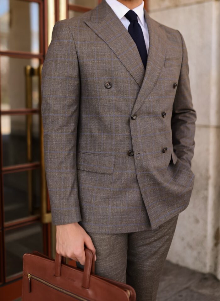 Ruston Road SLIM FIT BROWN CHECKED WITH fine BLUE LINES DOUBLE BREASTED TWO PIECE MEN’S SUIT WITH PEAK LAPELS