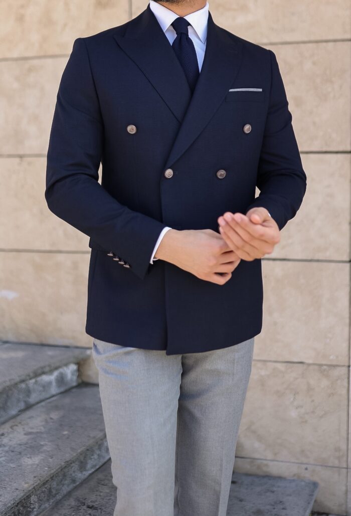 York Road Tailored slim fit dark blue and grey trousers double breasted mixed combine men's suit with peak lapels