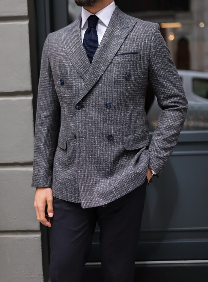 Maddox Street Slim fit dark navy and brown checked with navy trousers  mixed double breasted men's suit with peak lapels