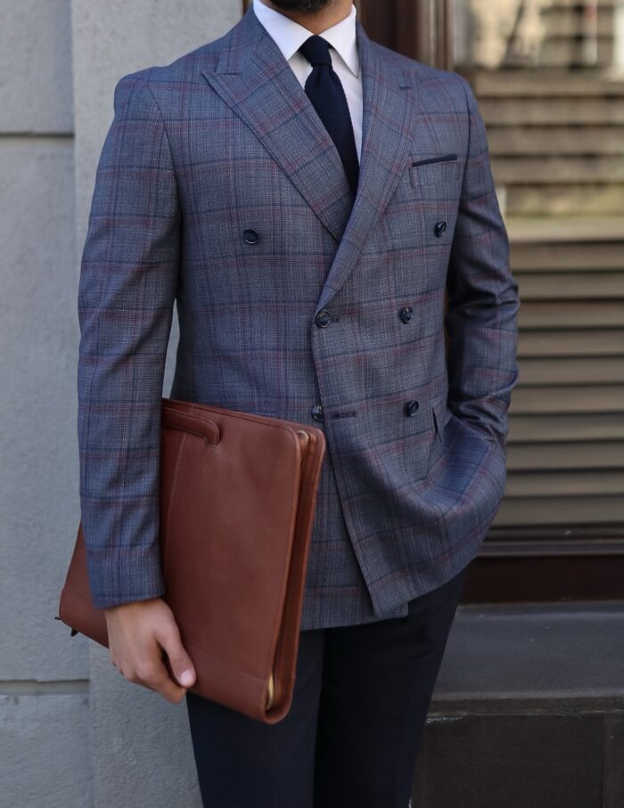 Manor Way Slim fit steel blue checked with red fine lines  double breasted and navy blue trousers men's suit with peak lapels