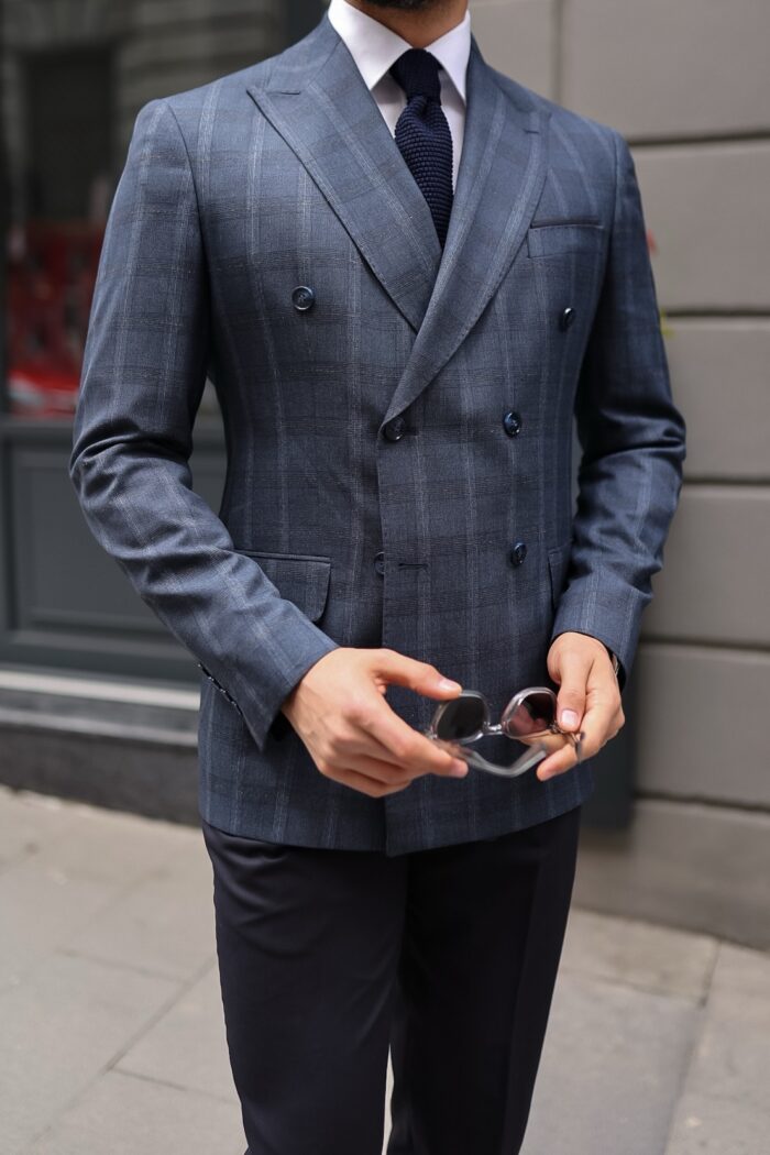 Bourlet Close Slim fit dark navy with fine brown lines and navy trousers  mixed double breasted men's suit with peak lapels