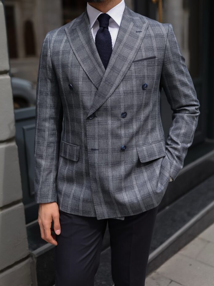 Maze Hill Slim fit grey with fine navy lines and navy trousers mixed double breasted men’s suit with peak lapels
