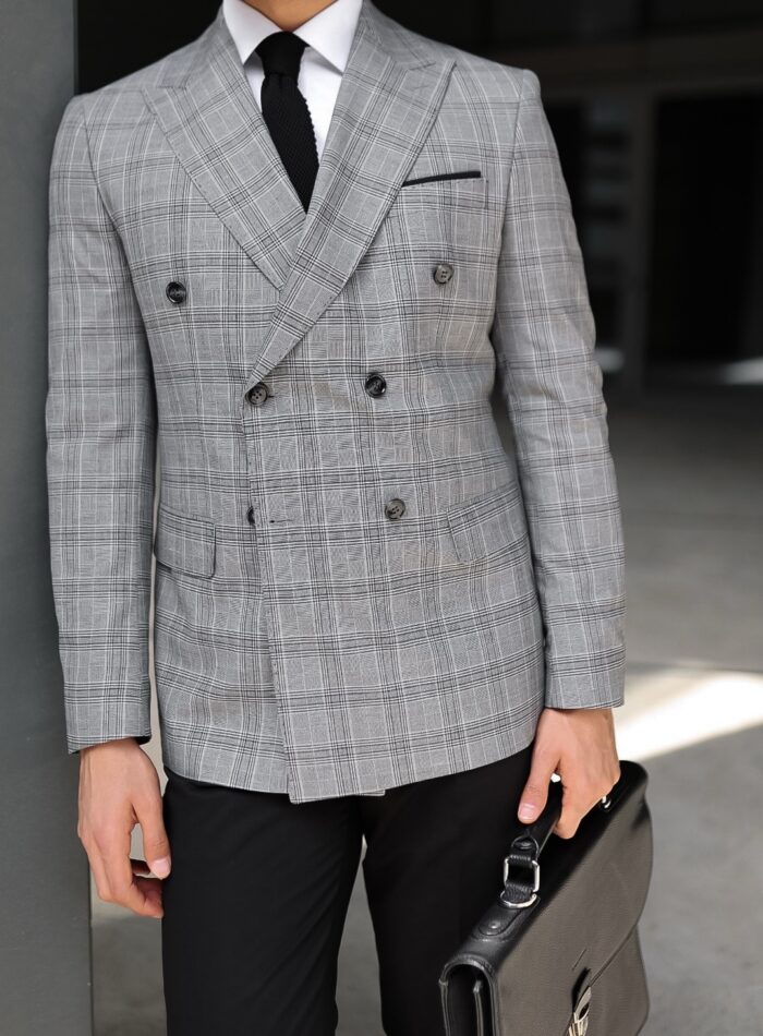 Hills Place Slim fit light grey squared checked with black trousers double breasted  men's suit with peak lapels