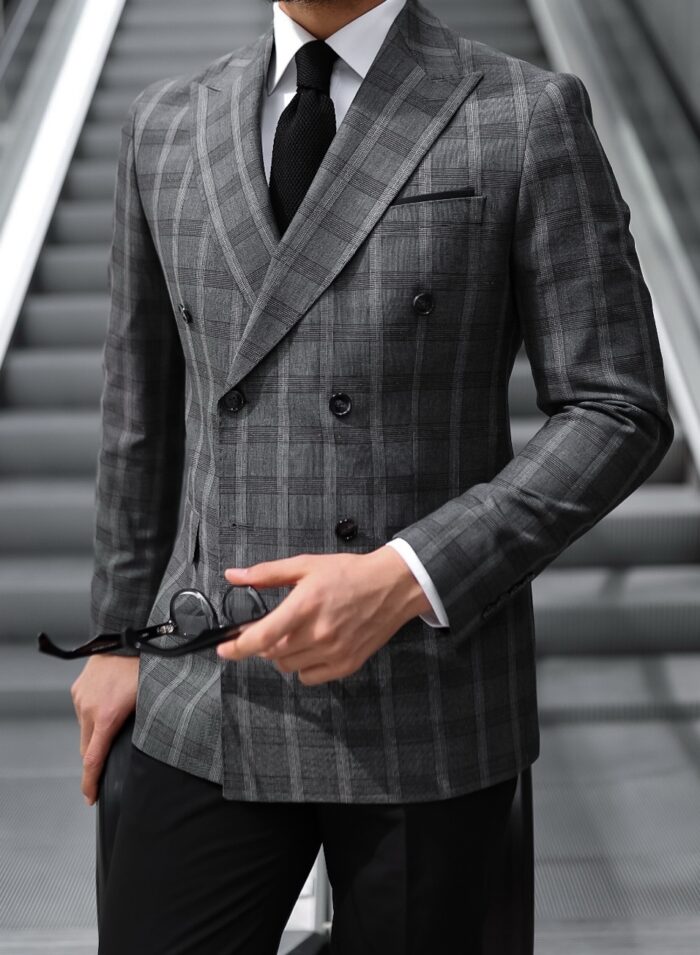 Orme Road Slim fit grey with very fine brown lines  with black trousers double breasted  men's suit with peak lapels