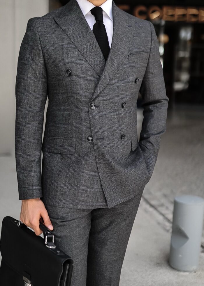 Arne Street SLIM FIT  GREY BASE WITH BLUE LINES  DOUBLE BREASTED TWO PIECE MEN’S SUIT WITH PEAK LAPELS