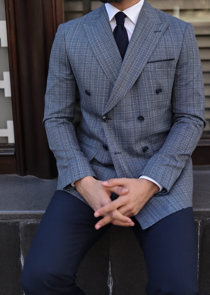 Randall Road Slim fit navy paired with navy trousers mixed double breasted men’s suit with peak lapels