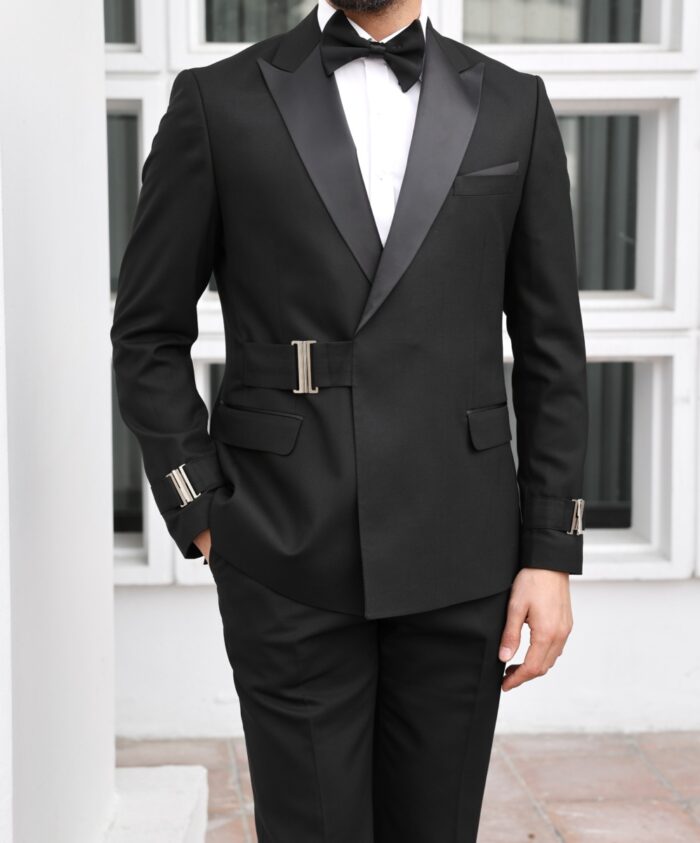 Prince Johnathan Tailored slim fit Metal Side Release Buckle Belt Design  all black  tuxedo with peak lapels