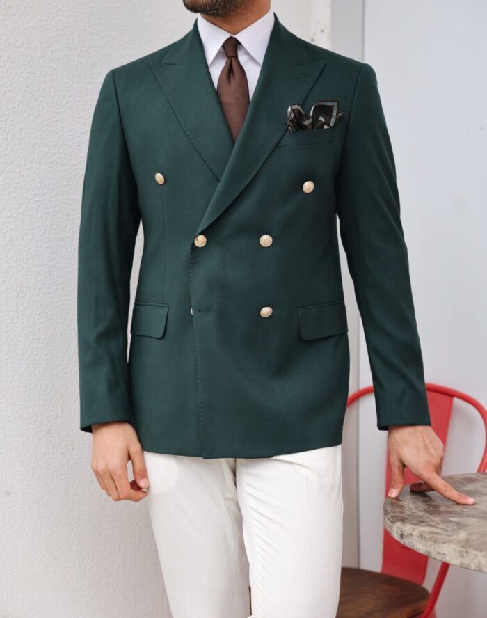 Piccadilly TAILORED SLIM FIT DOUBLE BREASTED PINE GREEN AND WHITE MIX COMBINED MEN SUIT WITH DECORATIVE GOLD BUTTONS

