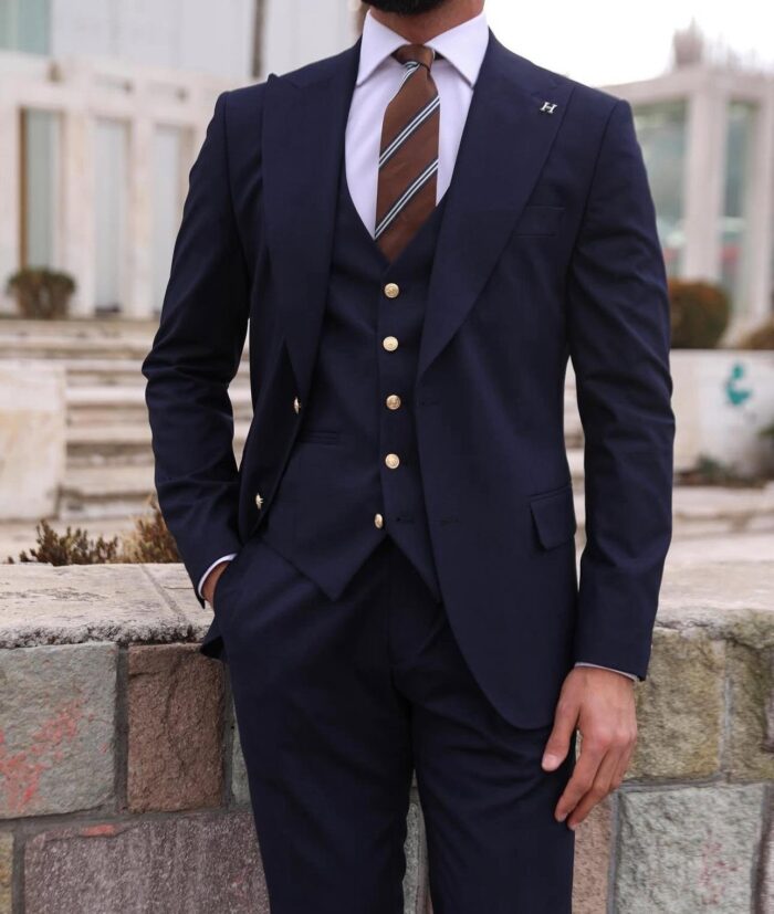 Satin road Slim fit dark blue men’s three piece suit with peak lapels
