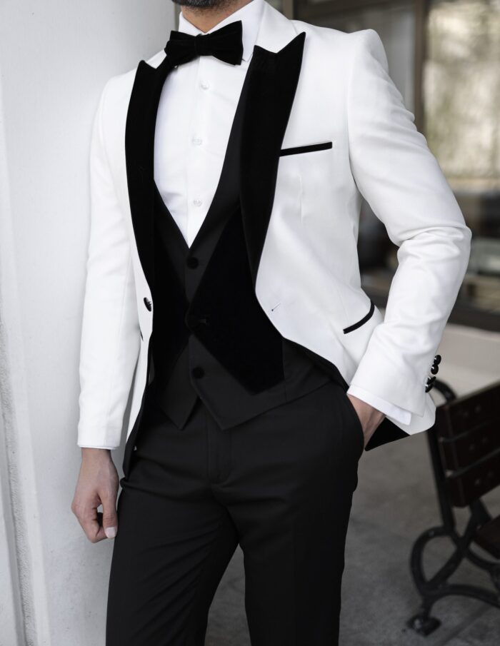 Prince Hendricks Tailored slim fit white men's tuxedo with velvet peak lapels