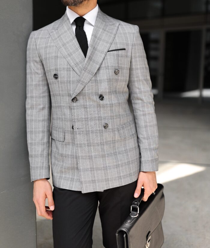 Hills Place Slim fit light grey squared checked with black trousers double breasted  men's suit with peak lapels