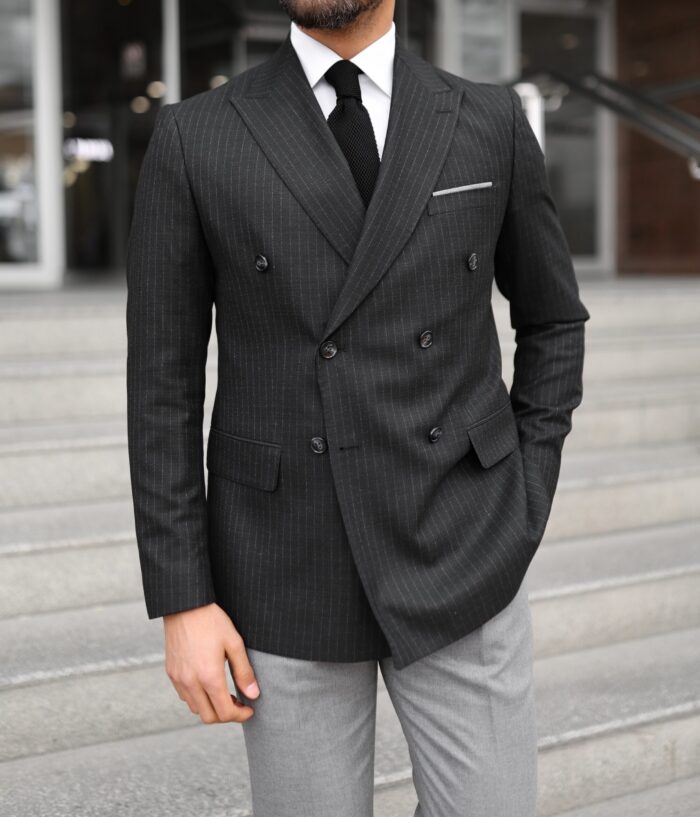 Jubilee Place Slim fit double breasted black pinstriped with grey trousers  men's suit with peak lapels