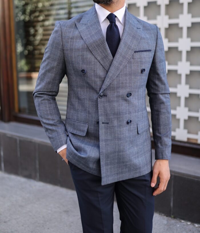 Lees Place Slim fit navy paired with navy trousers mixed double breasted men’s suit with peak lapels