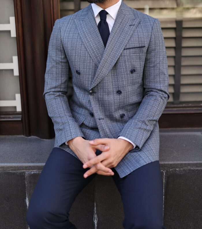 Randall Road Slim fit navy paired with navy trousers mixed double breasted men’s suit with peak lapels