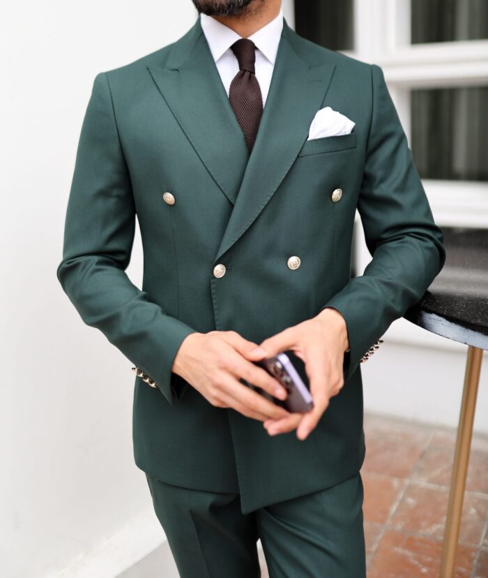 Hither Green TAILORED SLIM FIT PINE GREEN DOUBLE BREASTED MEN’S SUIT WITH DECORATIVE GOLD BUTTONS AND PEAK LAPELS