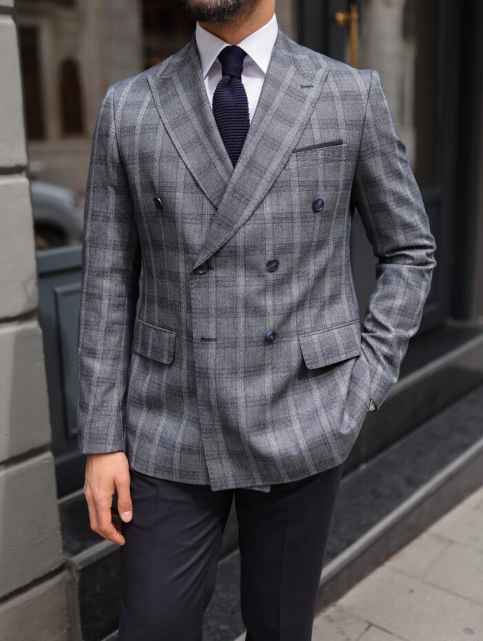 Maze Hill Slim fit grey with fine navy lines and navy trousers mixed double breasted men’s suit with peak lapels