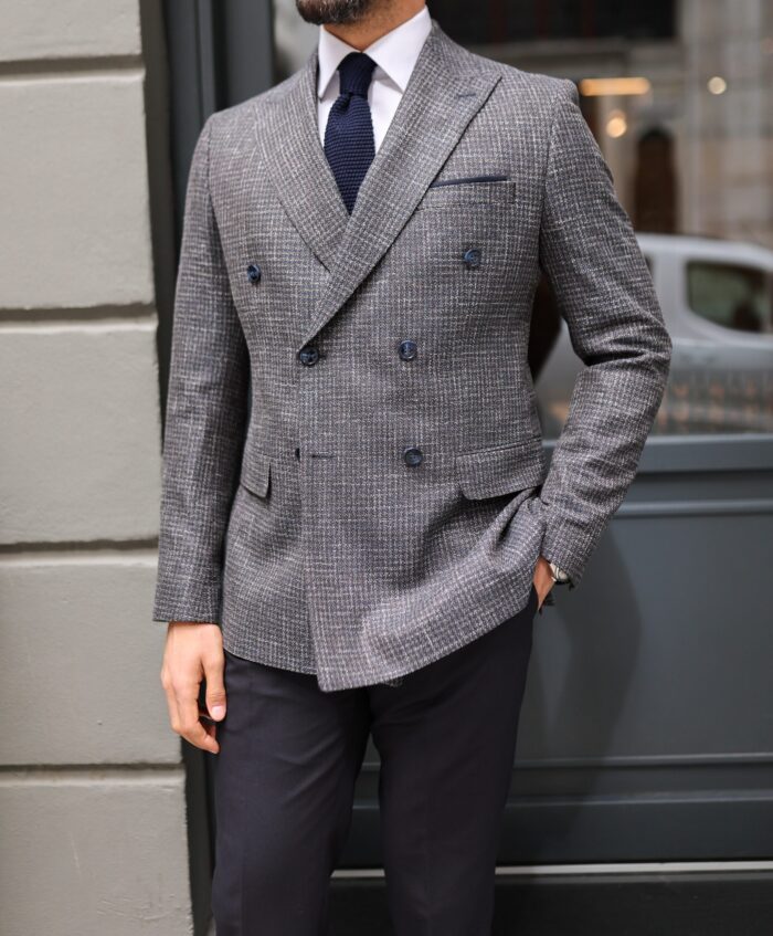 Maddox Street Slim fit dark navy and brown checked with navy trousers  mixed double breasted men's suit with peak lapels