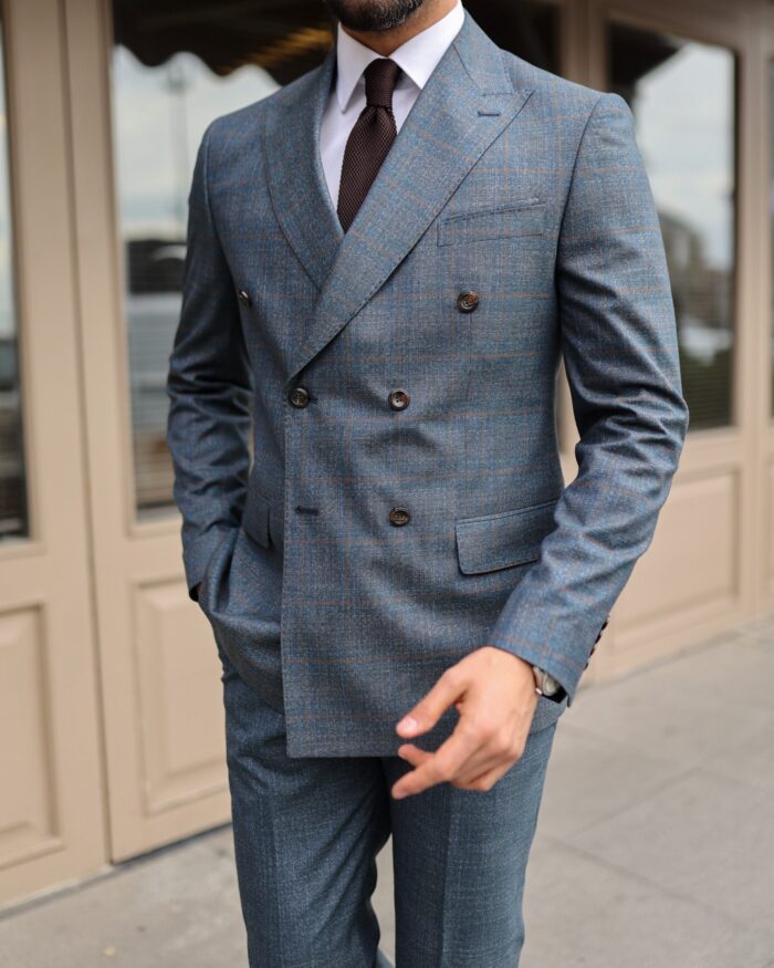 Lemon Road Tailored slim fit navy blue chequered with fine brown lines double breasted men's suit with peak lapels