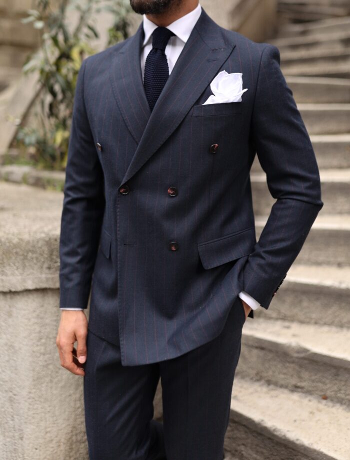 Feather Lane TAILORED SLIM fit DARK NAVY BLUE BASE  WITH BURGUNDY pinstripe double BREASTED men's SUIT