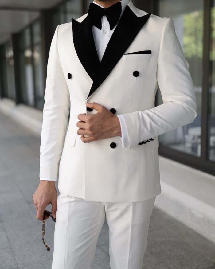 Prince Steven Tailored slim fit white double breasted men's tuxedo with black velvet peak lapels
